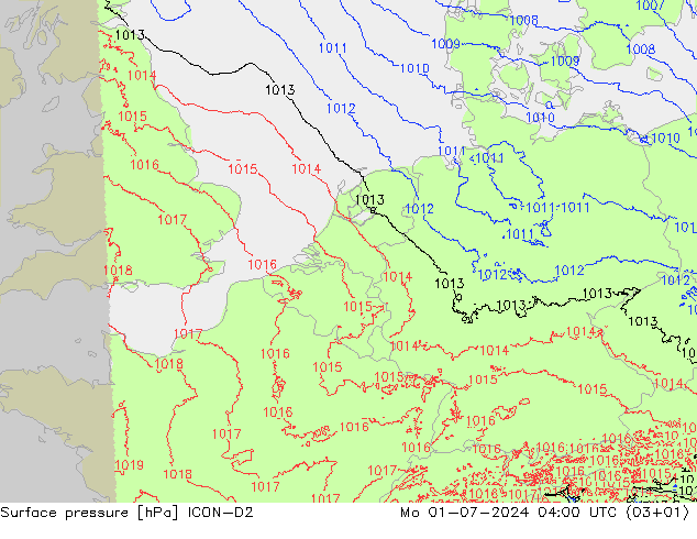 地面气压 ICON-D2 星期一 01.07.2024 04 UTC