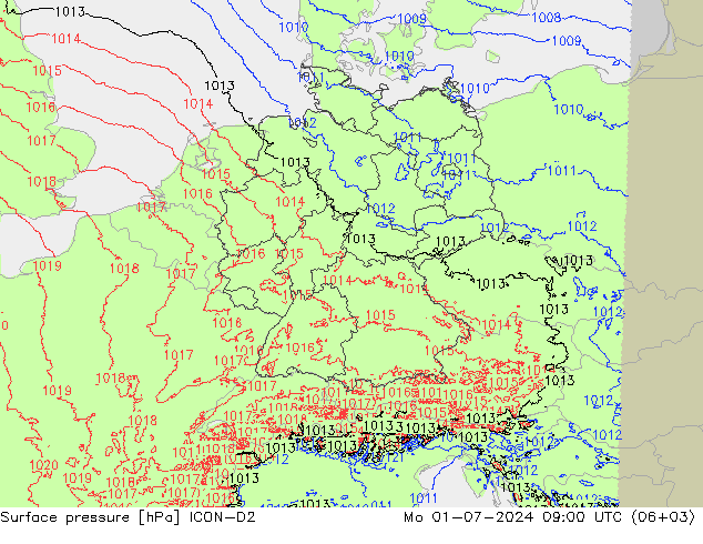 地面气压 ICON-D2 星期一 01.07.2024 09 UTC