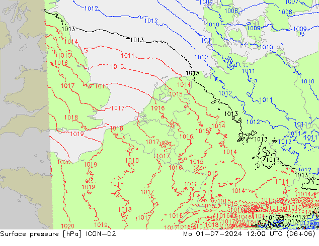 地面气压 ICON-D2 星期一 01.07.2024 12 UTC