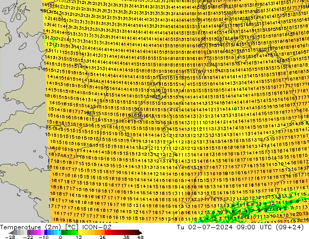 Temperatuurkaart (2m) ICON-D2 di 02.07.2024 09 UTC