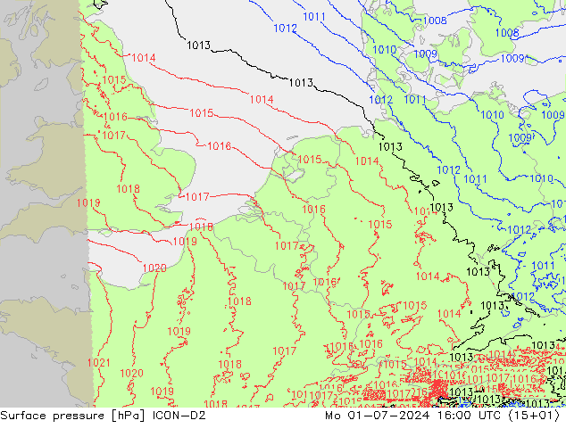 地面气压 ICON-D2 星期一 01.07.2024 16 UTC