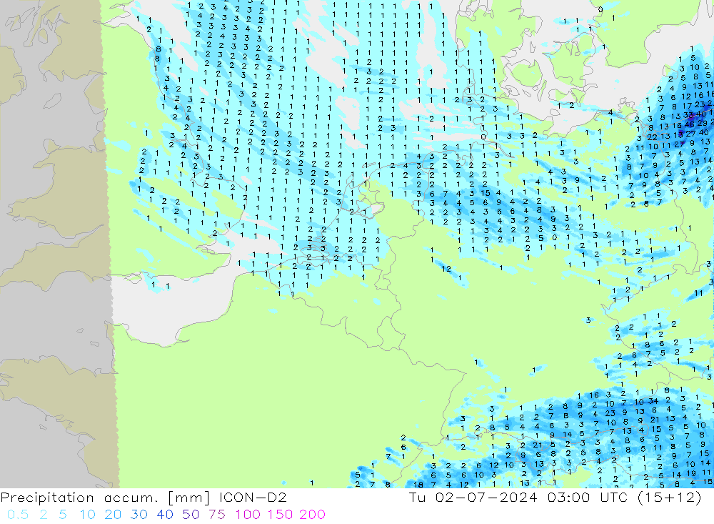 Precipitation accum. ICON-D2 星期二 02.07.2024 03 UTC