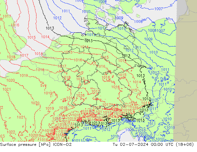 地面气压 ICON-D2 星期二 02.07.2024 00 UTC