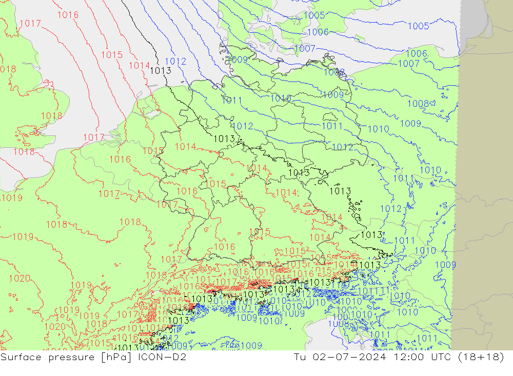 地面气压 ICON-D2 星期二 02.07.2024 12 UTC