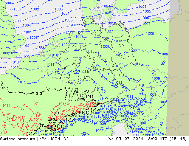 地面气压 ICON-D2 星期三 03.07.2024 18 UTC