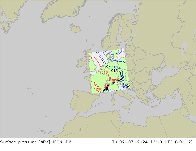 Luchtdruk (Grond) ICON-D2 di 02.07.2024 12 UTC