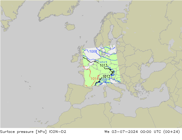 地面气压 ICON-D2 星期三 03.07.2024 00 UTC
