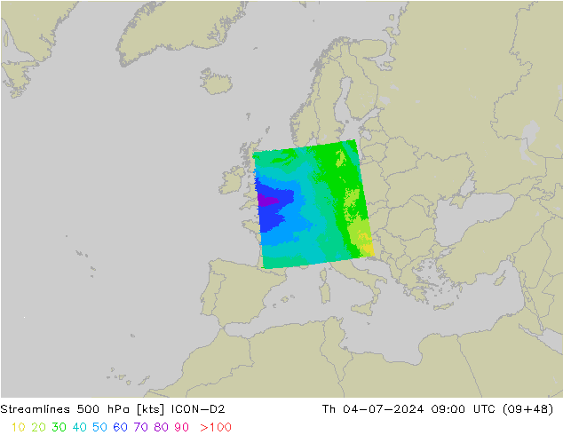 风 500 hPa ICON-D2 星期四 04.07.2024 09 UTC