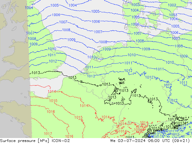 地面气压 ICON-D2 星期三 03.07.2024 06 UTC