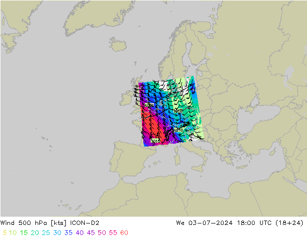 风 500 hPa ICON-D2 星期三 03.07.2024 18 UTC
