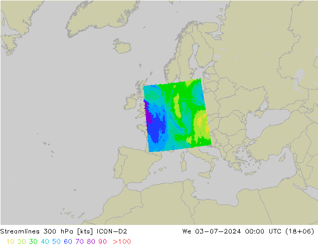 风 300 hPa ICON-D2 星期三 03.07.2024 00 UTC