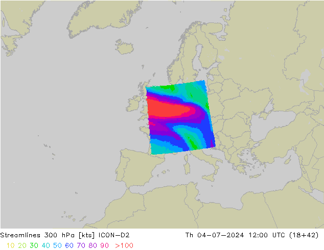 风 300 hPa ICON-D2 星期四 04.07.2024 12 UTC