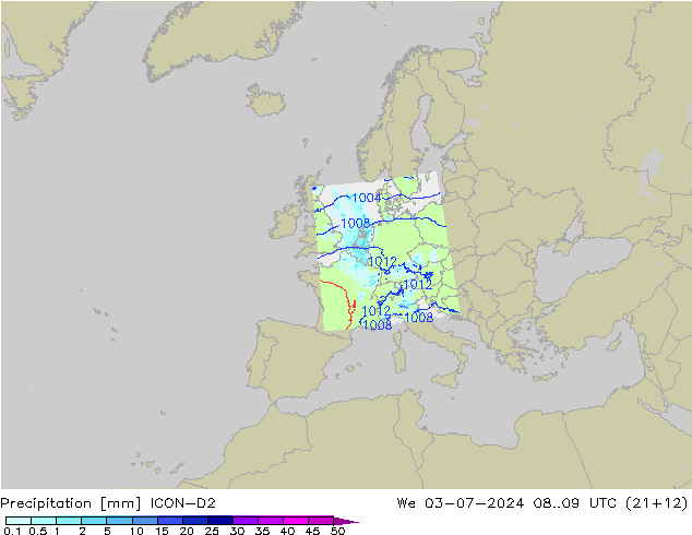降水 ICON-D2 星期三 03.07.2024 09 UTC