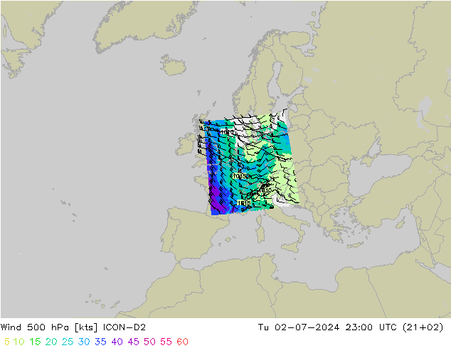 风 500 hPa ICON-D2 星期二 02.07.2024 23 UTC