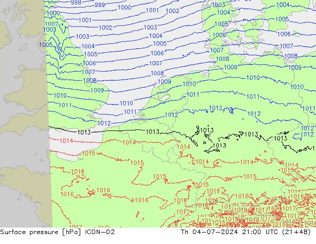 地面气压 ICON-D2 星期四 04.07.2024 21 UTC