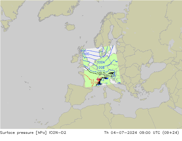Luchtdruk (Grond) ICON-D2 do 04.07.2024 09 UTC