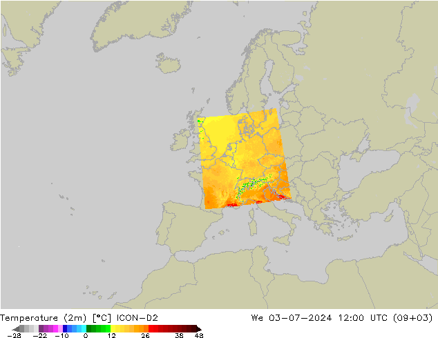 Temperatuurkaart (2m) ICON-D2 wo 03.07.2024 12 UTC