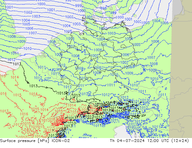 地面气压 ICON-D2 星期四 04.07.2024 12 UTC