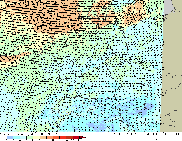Wind 10 m (bft) ICON-D2 do 04.07.2024 15 UTC