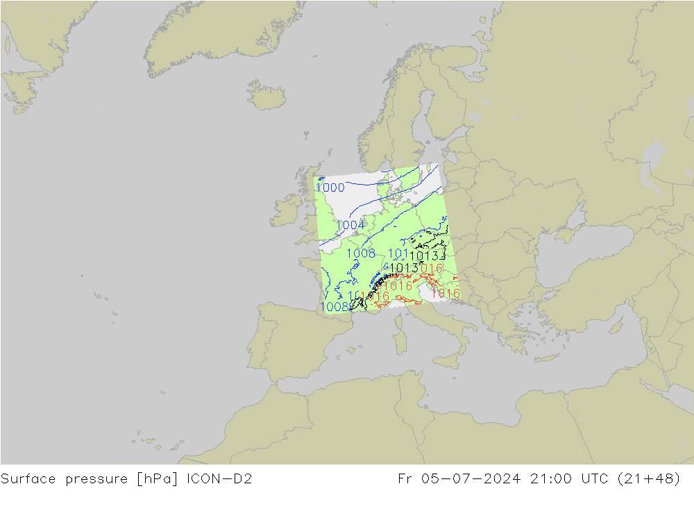 Luchtdruk (Grond) ICON-D2 vr 05.07.2024 21 UTC
