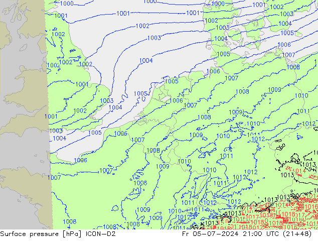 地面气压 ICON-D2 星期五 05.07.2024 21 UTC