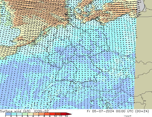 Wind 10 m (bft) ICON-D2 vr 05.07.2024 00 UTC