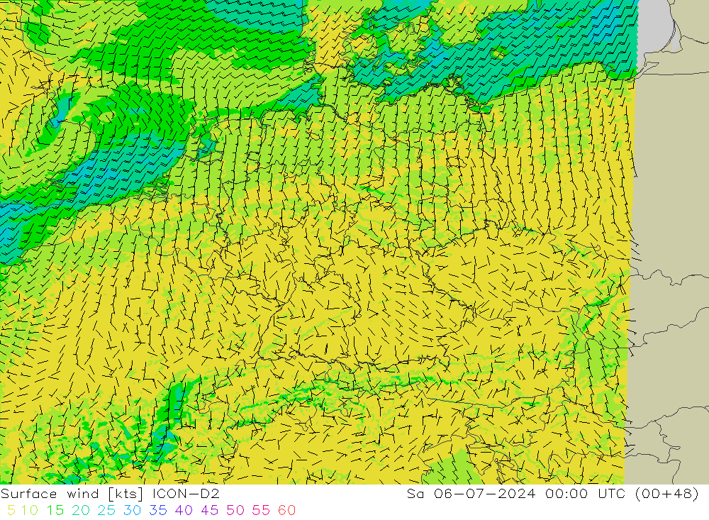 风 10 米 ICON-D2 星期六 06.07.2024 00 UTC