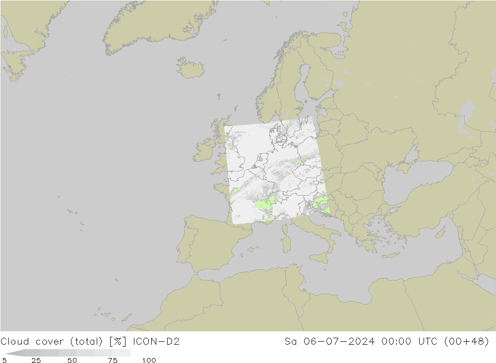 Cloud cover (total) ICON-D2 Sa 06.07.2024 00 UTC