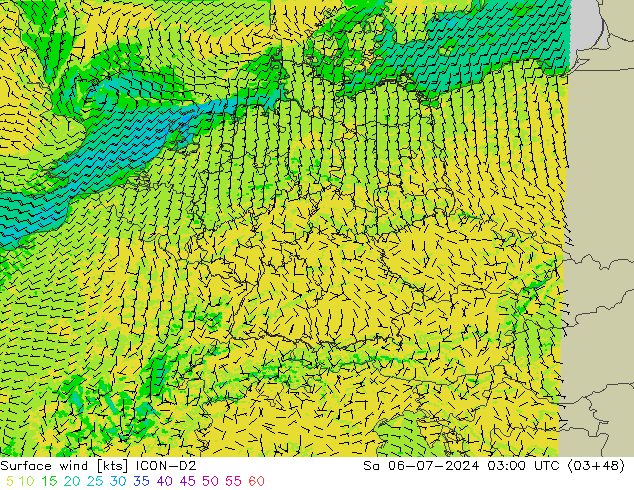 Wind 10 m ICON-D2 za 06.07.2024 03 UTC