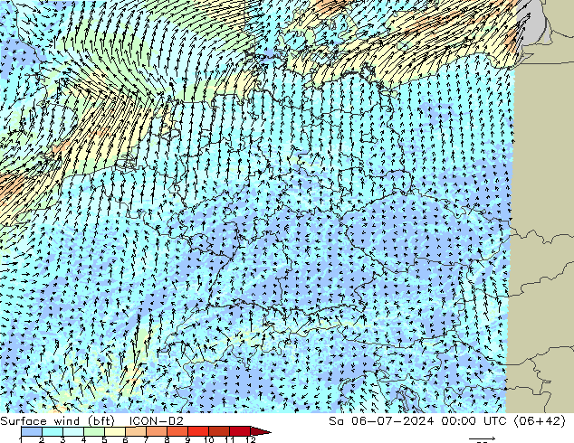 Wind 10 m (bft) ICON-D2 za 06.07.2024 00 UTC