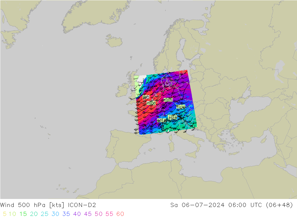 Wind 500 hPa ICON-D2 za 06.07.2024 06 UTC