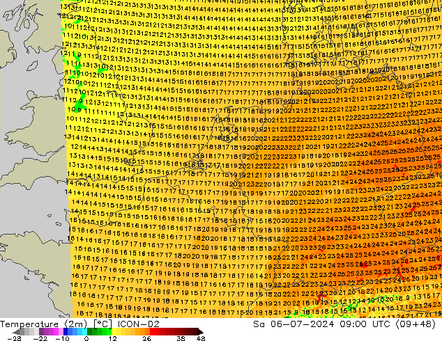 温度图 ICON-D2 星期六 06.07.2024 09 UTC