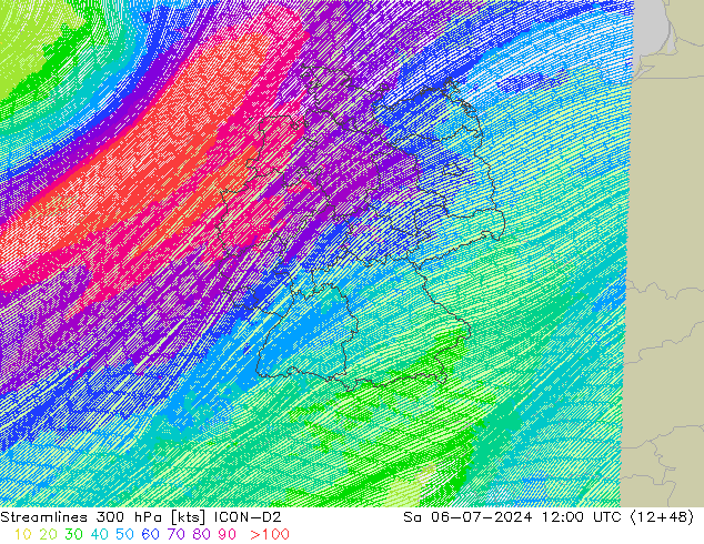 风 300 hPa ICON-D2 星期六 06.07.2024 12 UTC