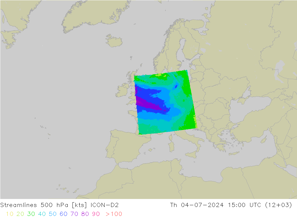 风 500 hPa ICON-D2 星期四 04.07.2024 15 UTC