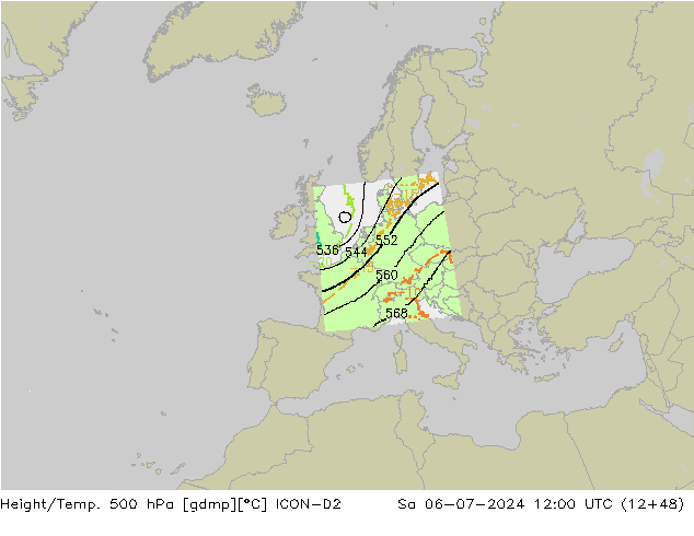 Hoogte/Temp. 500 hPa ICON-D2 za 06.07.2024 12 UTC