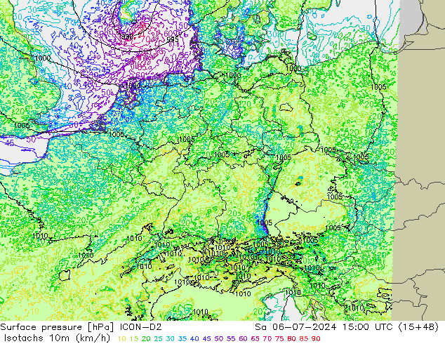 10米等风速线 (kph) ICON-D2 星期六 06.07.2024 15 UTC