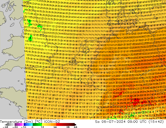 Temperatuurkaart (2m) ICON-D2 za 06.07.2024 09 UTC