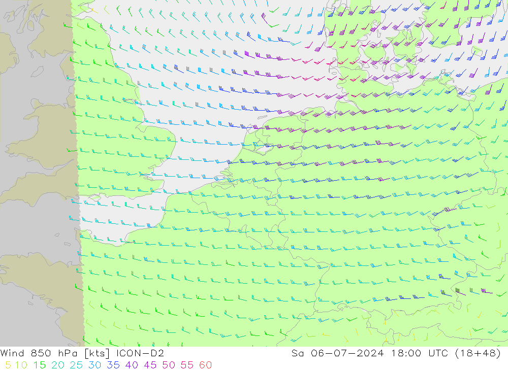 风 850 hPa ICON-D2 星期六 06.07.2024 18 UTC