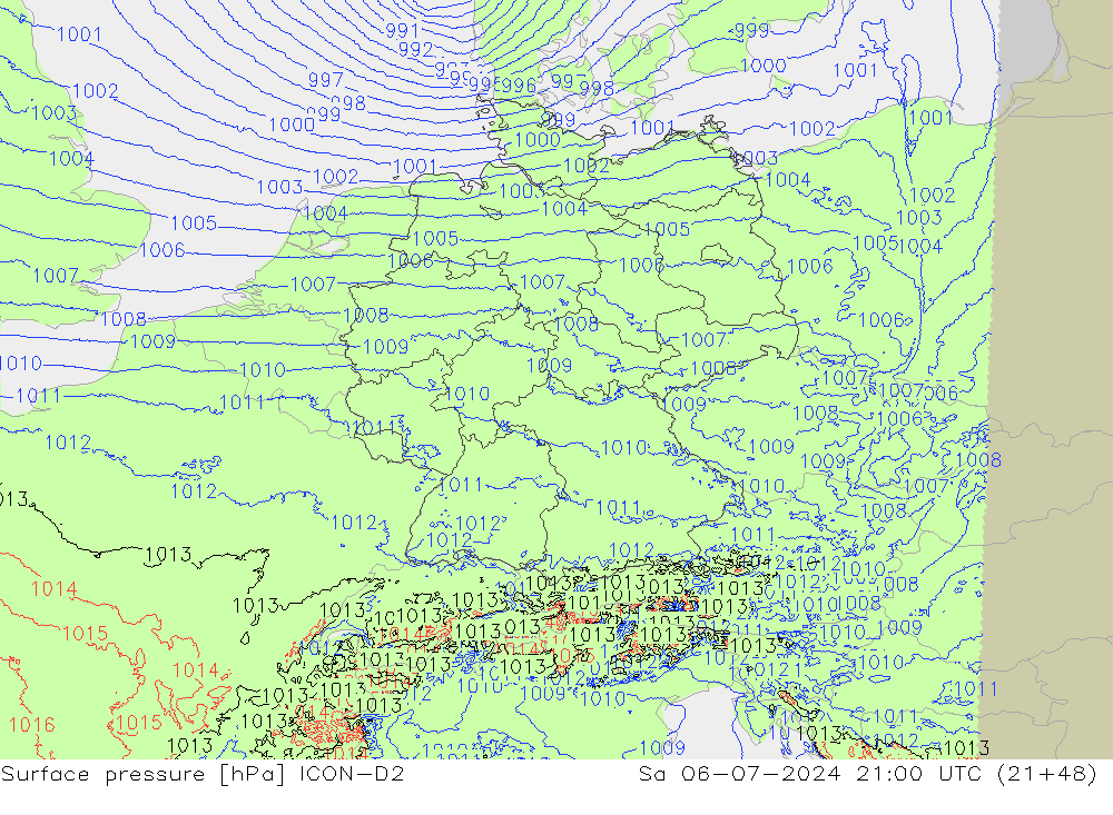 地面气压 ICON-D2 星期六 06.07.2024 21 UTC