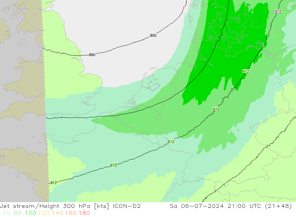 高速氣流 ICON-D2 星期六 06.07.2024 21 UTC