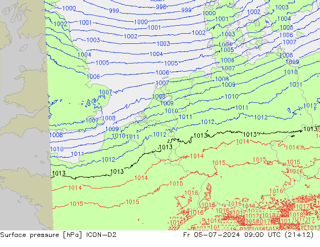 地面气压 ICON-D2 星期五 05.07.2024 09 UTC