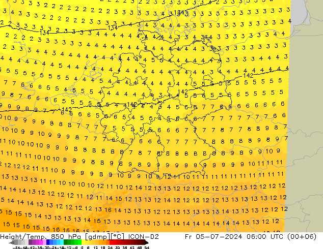 Hoogte/Temp. 850 hPa ICON-D2 vr 05.07.2024 06 UTC