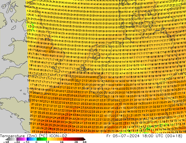 温度图 ICON-D2 星期五 05.07.2024 18 UTC