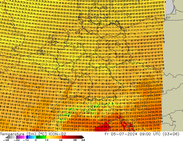 温度图 ICON-D2 星期五 05.07.2024 09 UTC