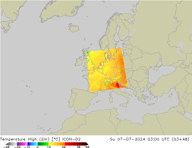 Temperature High (2m) ICON-D2 星期日 07.07.2024 03 UTC