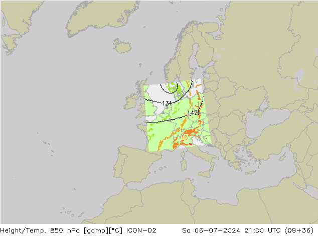 Hoogte/Temp. 850 hPa ICON-D2 za 06.07.2024 21 UTC
