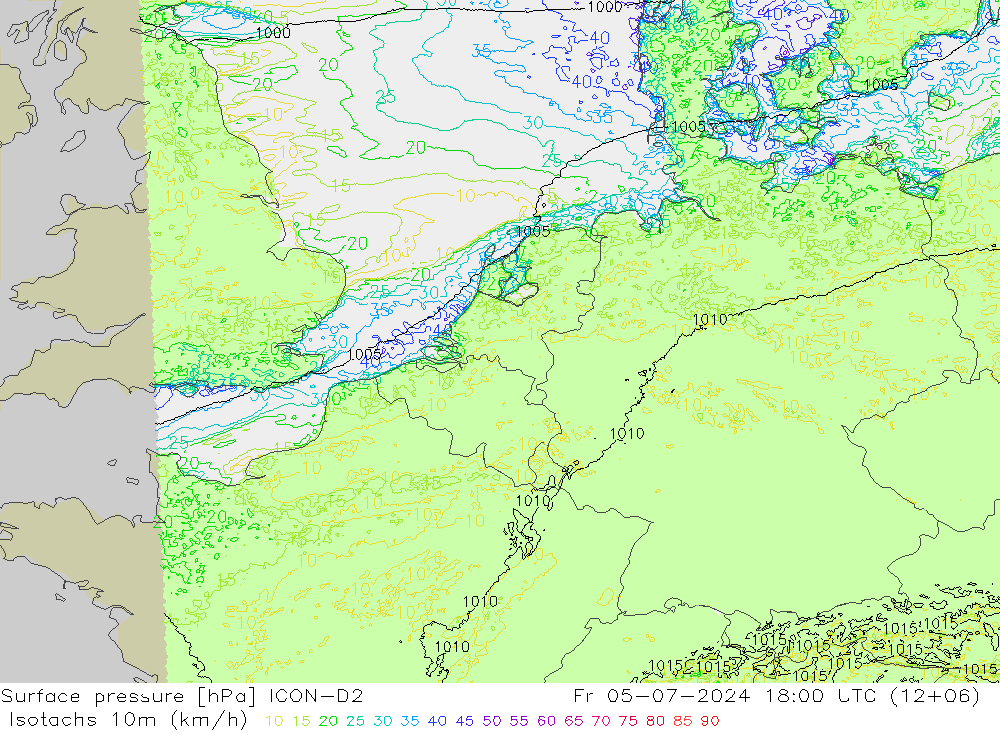 10米等风速线 (kph) ICON-D2 星期五 05.07.2024 18 UTC