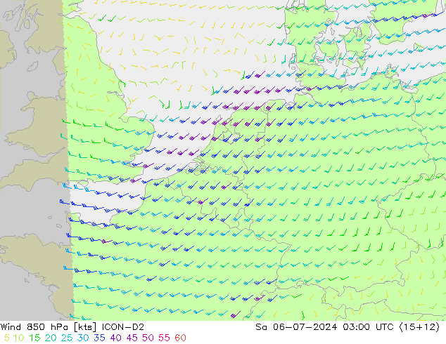 风 850 hPa ICON-D2 星期六 06.07.2024 03 UTC
