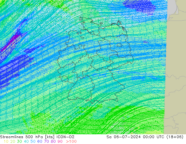 风 500 hPa ICON-D2 星期六 06.07.2024 00 UTC