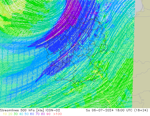 风 500 hPa ICON-D2 星期六 06.07.2024 18 UTC
